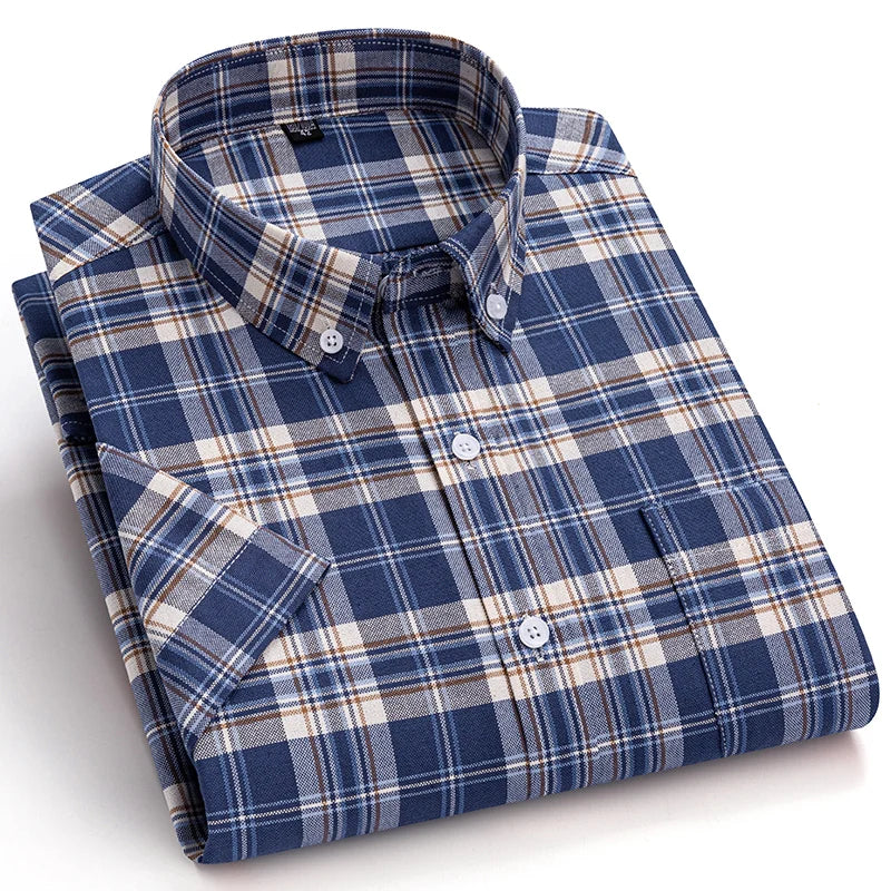 100% pamut férfi Oxford ing, rövid ujjú, nyári, kockás, csíkos, férfi ruházat, üzleti, normál szabású, túlméretezett ing, 7XL, 6XL