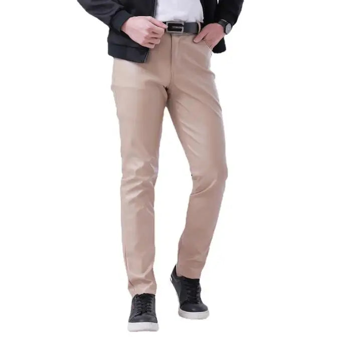 2026 új férfi bőr nadrágok divatos vékony PU nadrágok piros kék fekete szürke fehér pantalones hombre