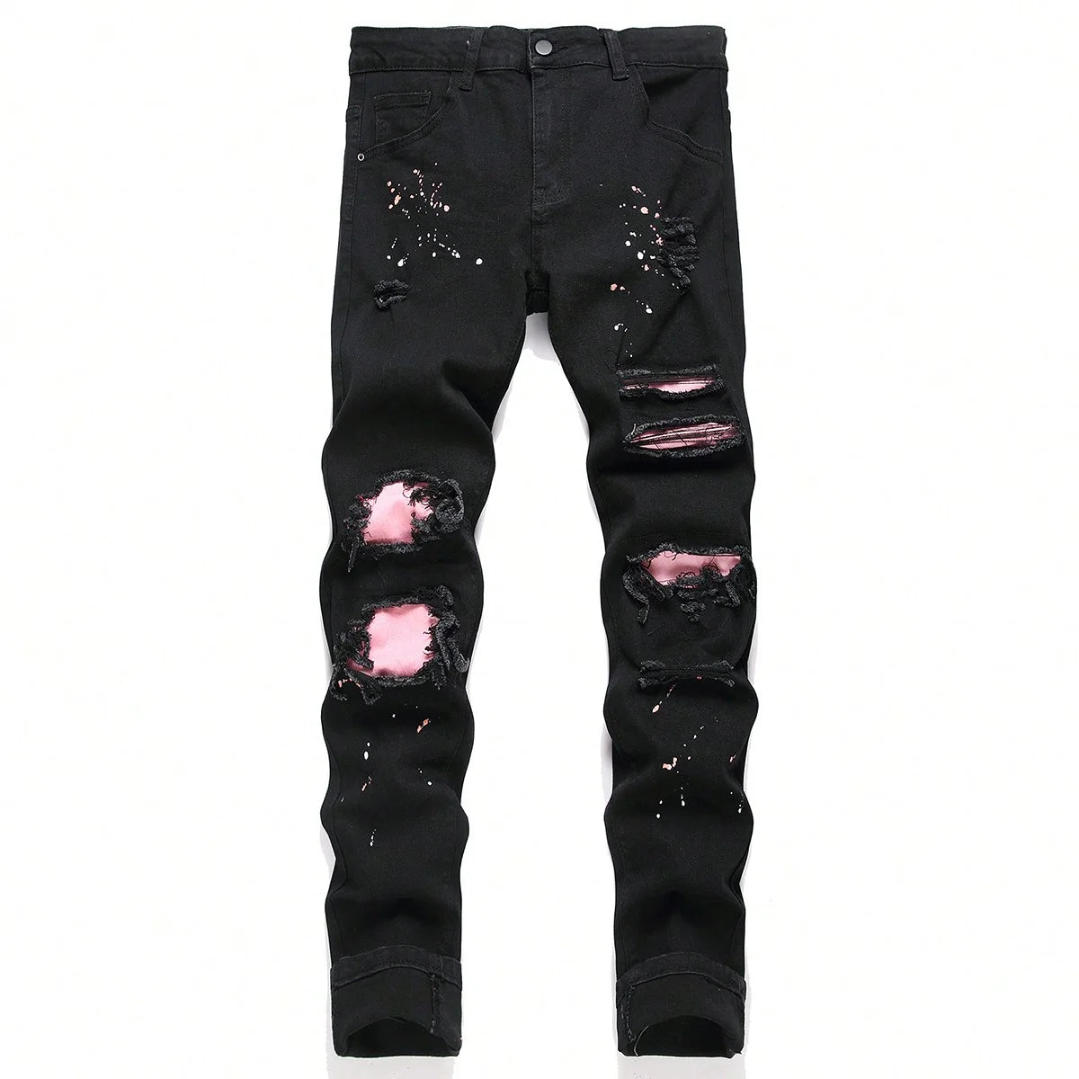 Férfi rugalmas, vékony farmernadrág férfiaknak, lezser nadrág, szakadt, patchwork, lyukas, farmer, hiphop, fekete, egyenes szabású nadrág