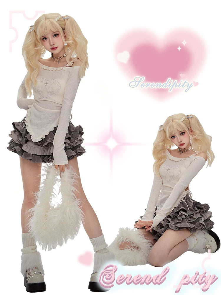 Japán Kawaii 3 darabos szett Lolita Y2k kardigán kabátok + mini szoknyák + fűző mellény amerikai vintage öltönyök őszi parti sikkes