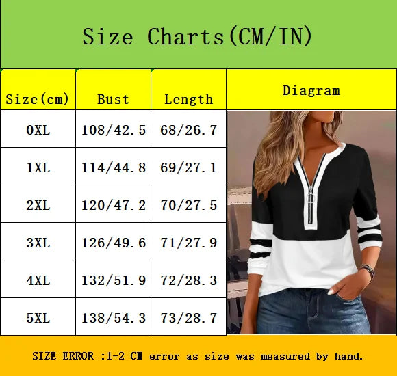 Plus Size Hosszú Ujjú Póló Geometrikus Csíkokkal és Színblokkos Gyűrűs Cipzár Részletekkel - Őszi Divat