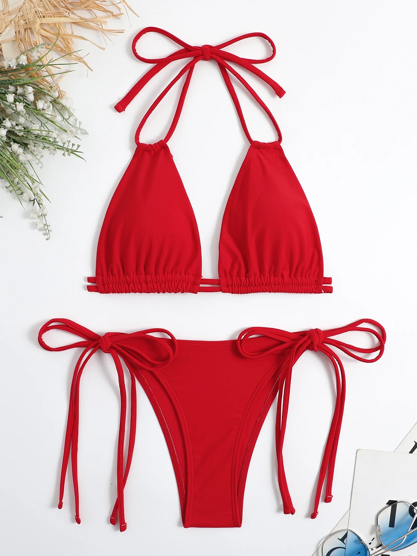 2026 szexi, egyszínű, kötésű bikini, pántos fürdőruha női fürdőruha női kétrészes bikini szett, alacsony derekú fürdőruha, fürdőző