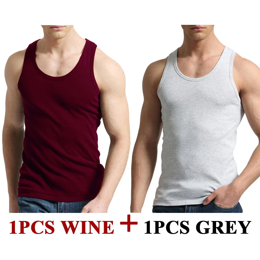 Férfi Tank Tops Fitness Hűvös Nyári 100% Pamut Ujjatlan Felsők Edzőterem Slim Alsóing  10 Szín 1DB