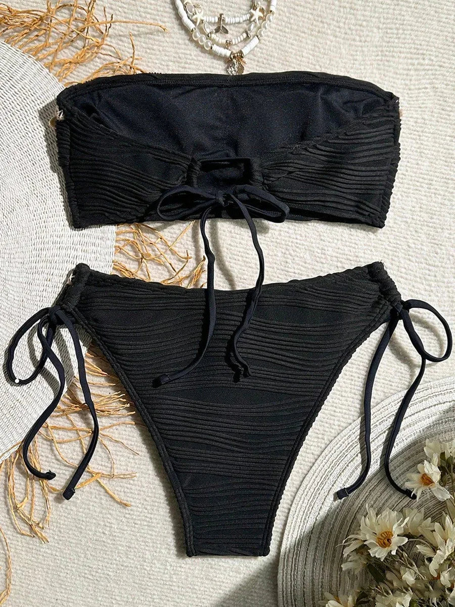 XS - XL Bandeau ráncos, magas kivágású bikini női fürdőruha női fürdőruha kétrészes bikiniszett kagyló fürdőruha úszás