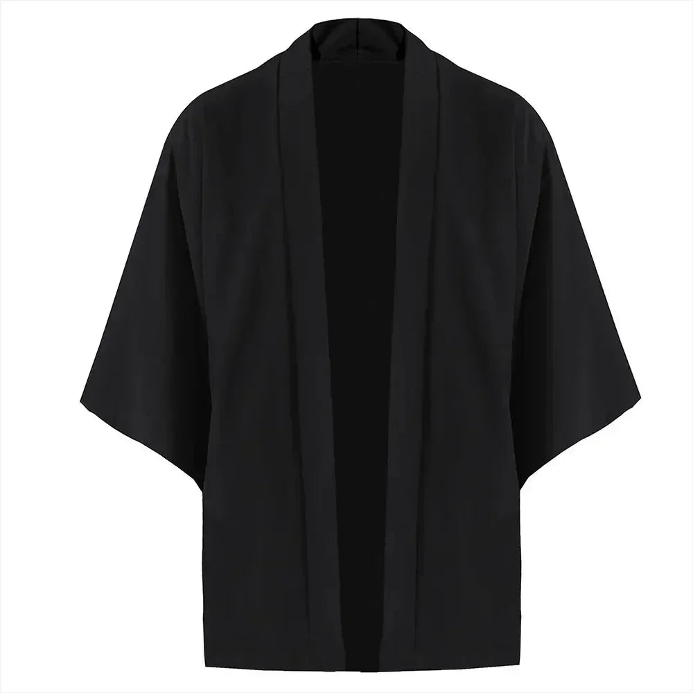 Férfi japán kimonó ingek, lezser, nyitott öltésű, könnyű, yukata, divatos, fekete kardigán, 3/4 ujjú, felsőruházat nyári vakációra