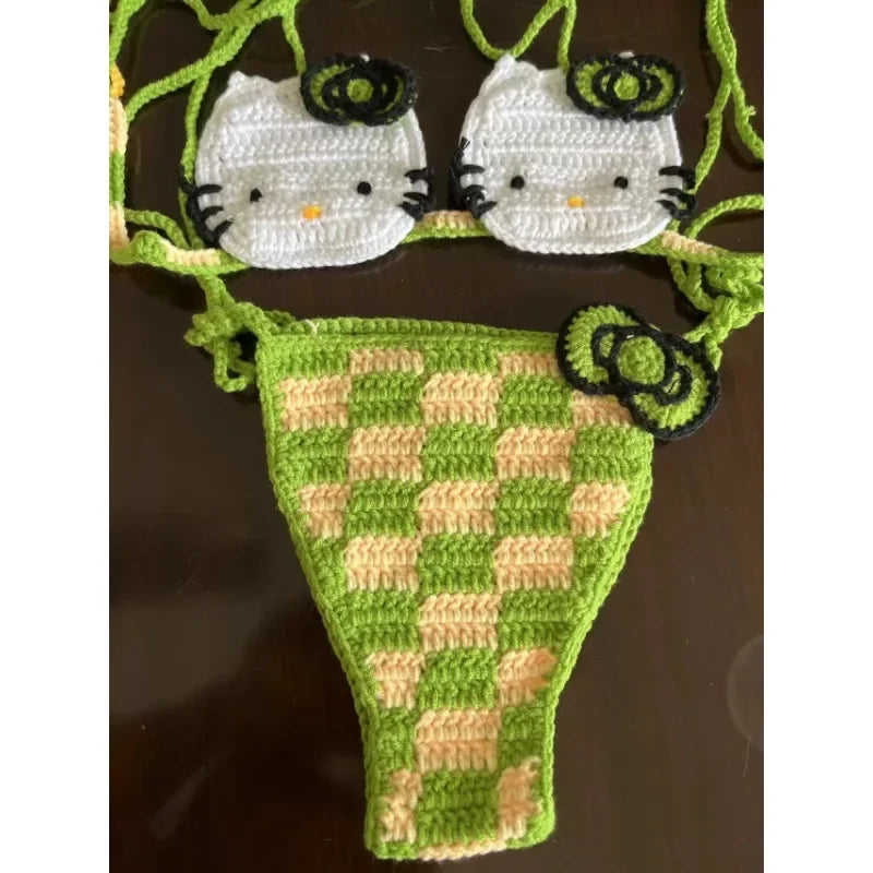 Sanrio horgolt bikini szett aranyos lányoknak fürdőruhák Hello Kitty szexi fürdőruha mikro kötésű bikinik strandruha női fürdőruha