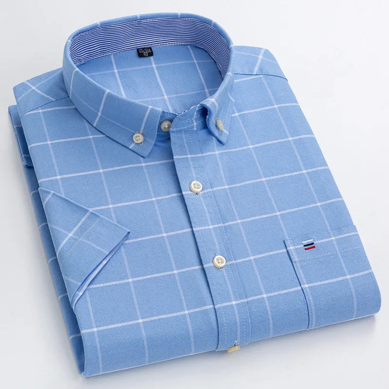 100% pamut férfi Oxford ing, rövid ujjú, nyári, kockás, csíkos, férfi ruházat, üzleti, normál szabású, túlméretezett ing, 7XL, 6XL