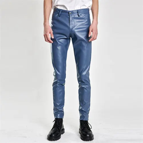 2026 új férfi bőr nadrágok divatos vékony PU nadrágok piros kék fekete szürke fehér pantalones hombre