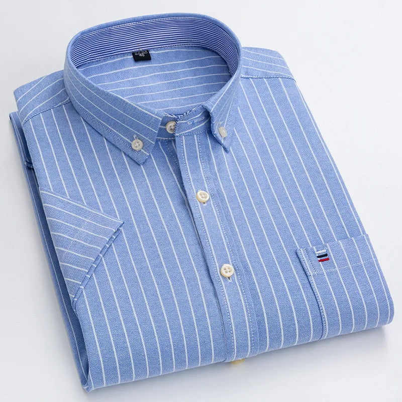 100% pamut férfi Oxford ing, rövid ujjú, nyári, kockás, csíkos, férfi ruházat, üzleti, normál szabású, túlméretezett ing, 7XL, 6XL