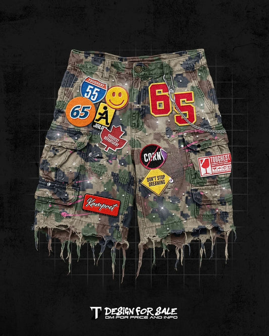 Retro kék utcai viseletű patchwork farmer rövidnadrág Y2K farmer férfi  hip-hop rajzfilm grafikával laza terepszínű farmer fitnesz lezser rövidnadrág
