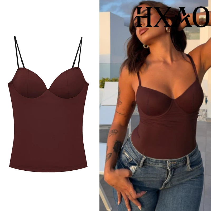 HXAO női felsők, fűzős crop top, női ujjatlan, fekete-barna felső, pántos, testhezálló, hát nélküli, szexi felsők, melltartó