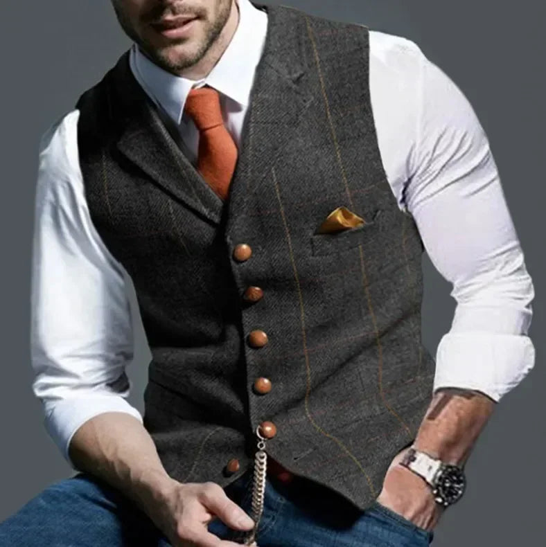 Férfi lezser klasszikus öltönymellény retró pamutkeverék tweed öltöny bélelt mellény S-3XL