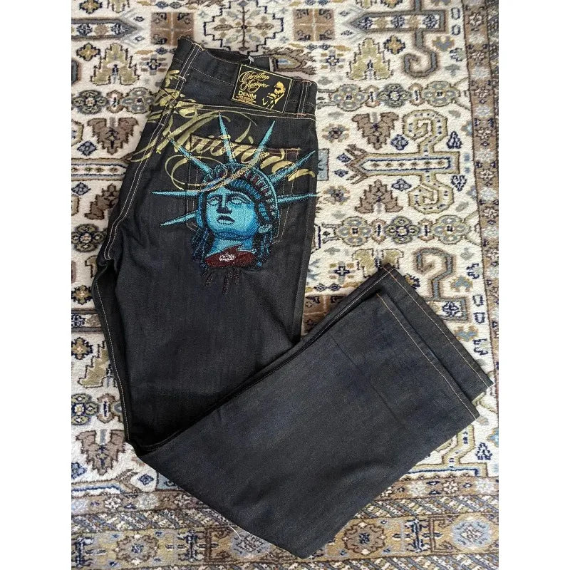 American vintage Liberty Goddess  magas derekú, egyenes szabású, bő szárú farmer, Y2K lezser, Ins utcai viseletű hosszú nadrág