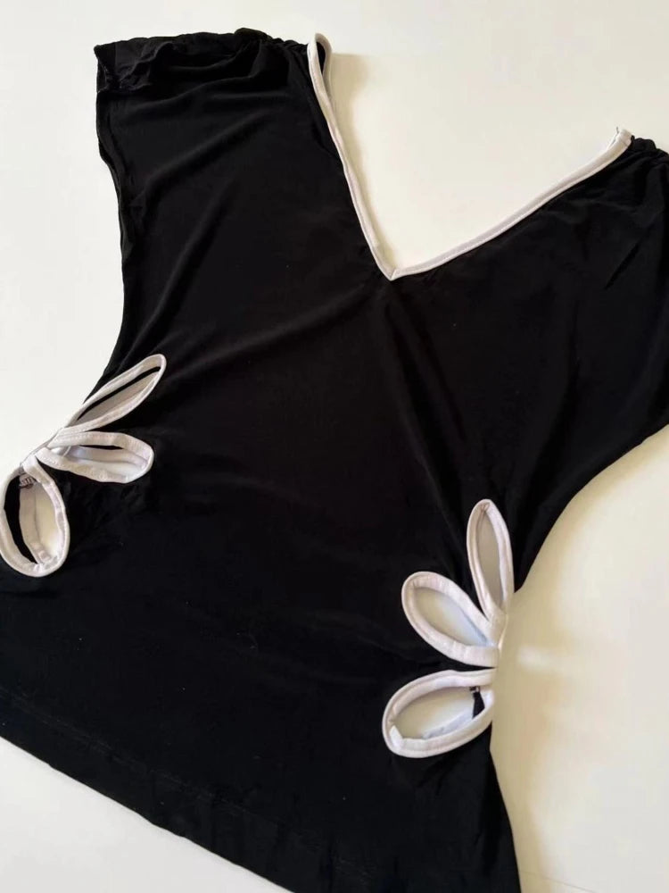 Vintage üreges V-nyakú, hát nélküli pólók női nyári grunge lezser női trikók patchwork kontrasztos színű crop top 2019 esztétika