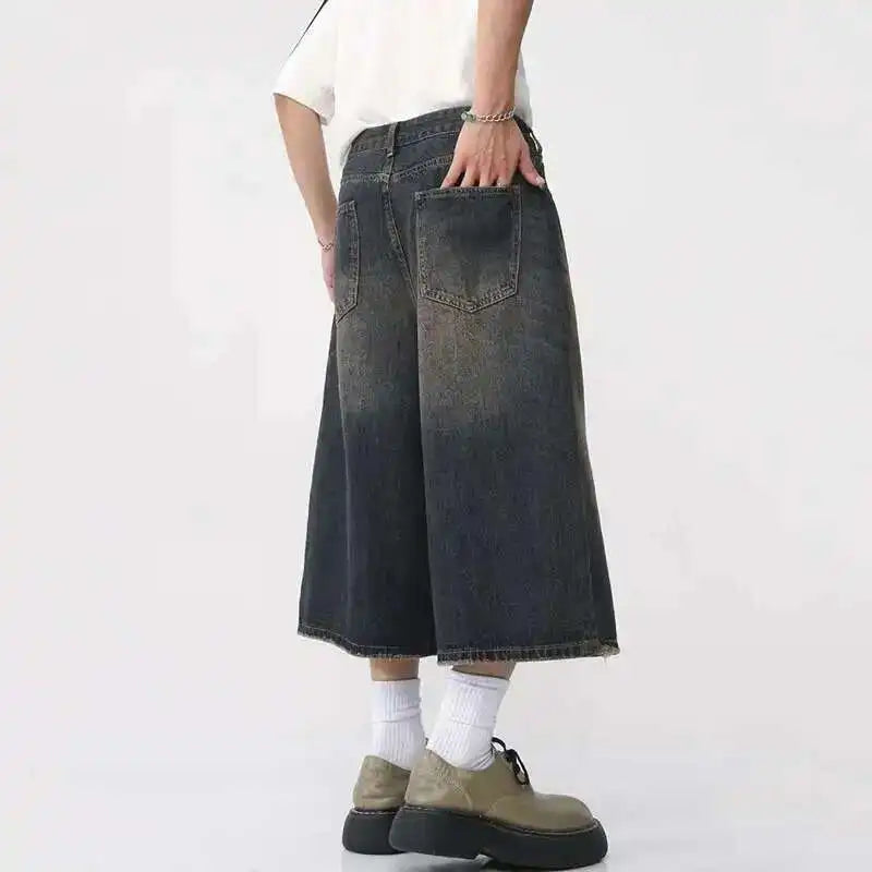 IEFB koreai stílusú vintage férfi farmer nyári laza férfi széles szárú térdig érő rövidnadrág új mosott divatos rövid farmer nadrág
