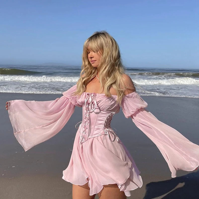 Tündérrózsaszín sifon mini ruha, sikkes női fűző, vintage hosszú puffos ujjú nyári ruha, peremnyakú koszorúslány testhezálló strandruha