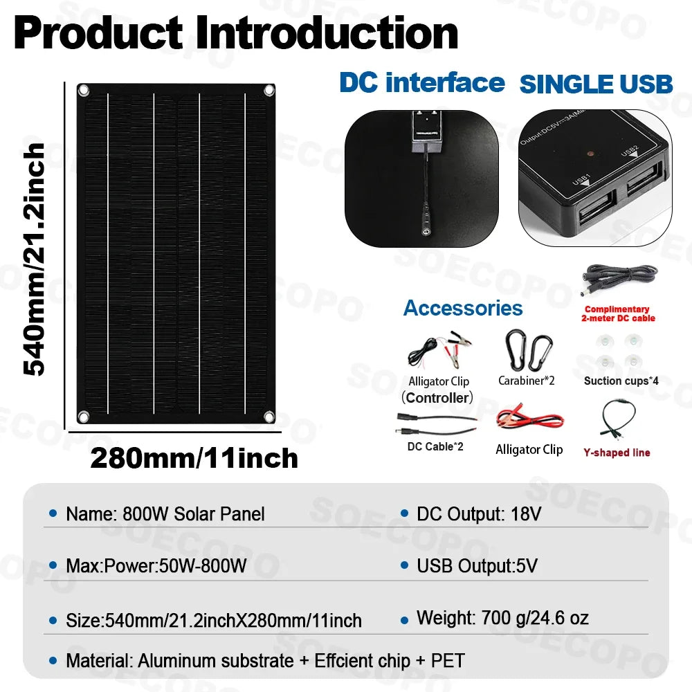SOECOPO 2400W-os rugalmas napelemkészlet 3 db 800W-os fotovoltaikus panellel, 18V-os akkumulátortöltővel, ingyenes 100A-es vezérlővel lakókocsis kempingezéshez