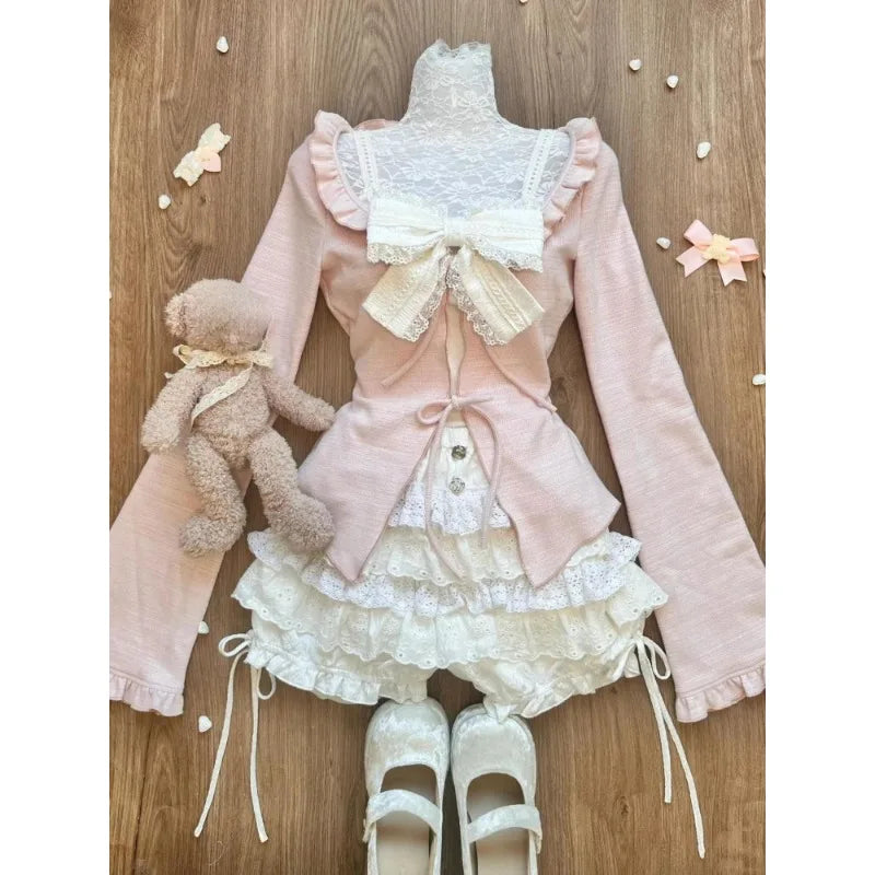 Japán Kawaii 3 darabos szett Lolita Y2k kardigán kabátok + mini szoknyák + fűző mellény amerikai vintage öltönyök őszi parti sikkes