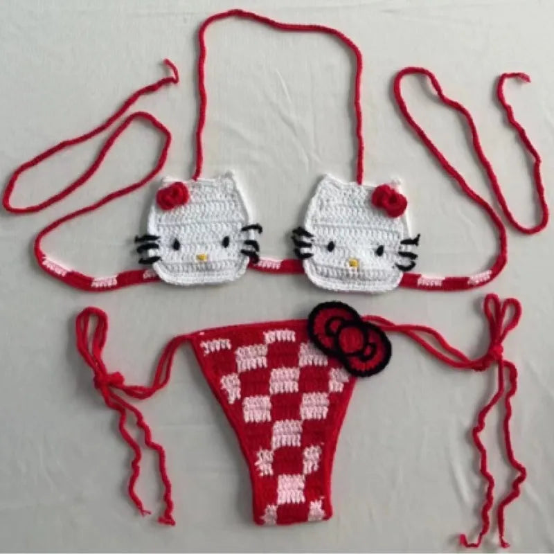 Sanrio horgolt bikini szett aranyos lányoknak fürdőruhák Hello Kitty szexi fürdőruha mikro kötésű bikinik strandruha női fürdőruha