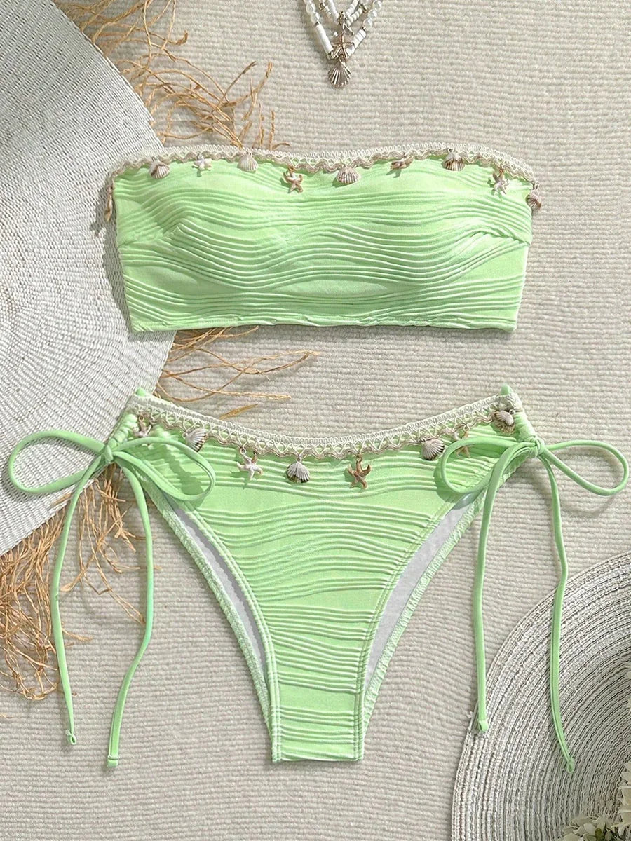 XS - XL Bandeau ráncos, magas kivágású bikini női fürdőruha női fürdőruha kétrészes bikiniszett kagyló fürdőruha úszás