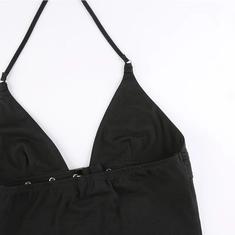 y2k Bandage Crop Top Fekete Hát nélküli Felső Fűzős Aranyos Party Strand Női Retro Alap Punk