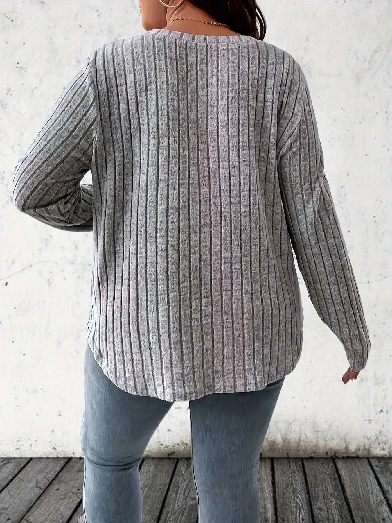 Plus Size 1XL-5XL női lezser divatos V-nyakú hosszú ujjú póló, női, plus size egyszínű bordázott póló