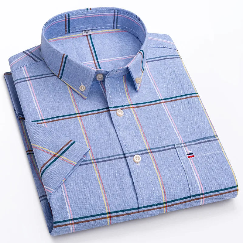 100% pamut férfi Oxford ing, rövid ujjú, nyári, kockás, csíkos, férfi ruházat, üzleti, normál szabású, túlméretezett ing, 7XL, 6XL