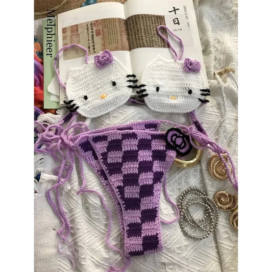 Sanrio horgolt bikini szett aranyos lányoknak fürdőruhák Hello Kitty szexi fürdőruha mikro kötésű bikinik strandruha női fürdőruha