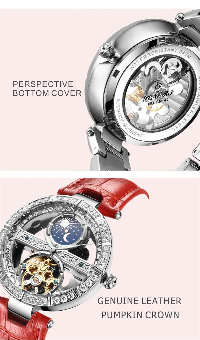 Női automata mechanikus karóra, csúcsmárkás luxus bőr vízálló órák, női csontváz Tourbillon óra, reloj mujer, új