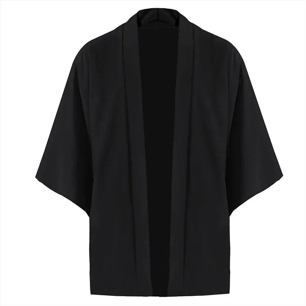 Férfi japán kimonó ingek, lezser, nyitott öltésű, könnyű, yukata, divatos, fekete kardigán, 3/4 ujjú, felsőruházat nyári vakációra