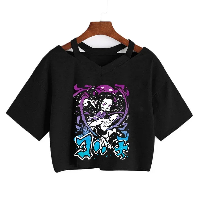 Demon Slayer póló Nezuko póló női Kimetsu No Yaiba crop top pólók japán anime Tanjiro Kamado felsők Manga póló női