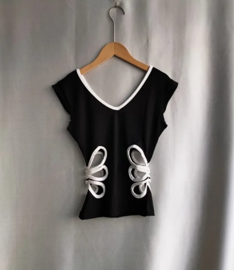 Vintage üreges V-nyakú, hát nélküli pólók női nyári grunge lezser női trikók patchwork kontrasztos színű crop top 2019 esztétika