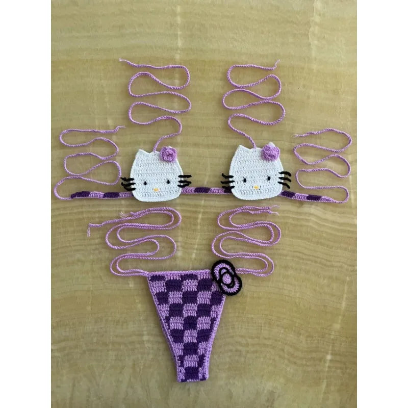 Sanrio horgolt bikini szett aranyos lányoknak fürdőruhák Hello Kitty szexi fürdőruha mikro kötésű bikinik strandruha női fürdőruha