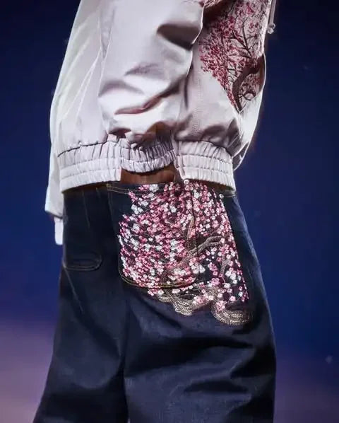 Vintage alacsony derekú hip-hop cseresznyevirág hímzett farmer széles szárú nadrág Y2K ruházat férfi női hímzett baggy farmer