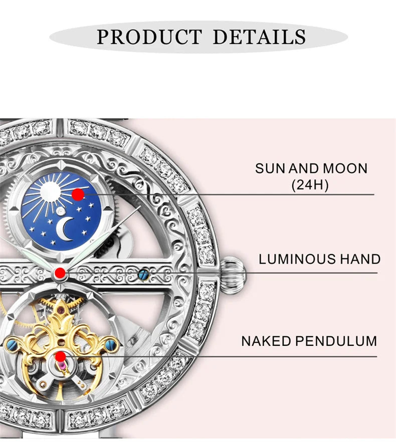 Női automata mechanikus karóra, csúcsmárkás luxus bőr vízálló órák, női csontváz Tourbillon óra, reloj mujer, új