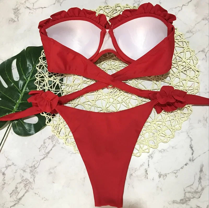 Szexi fodros, fodros melltartós bikini 2026 női bandeau fürdőruha női fürdőruha kétrészes bikiniszett push up fürdőruha úszás