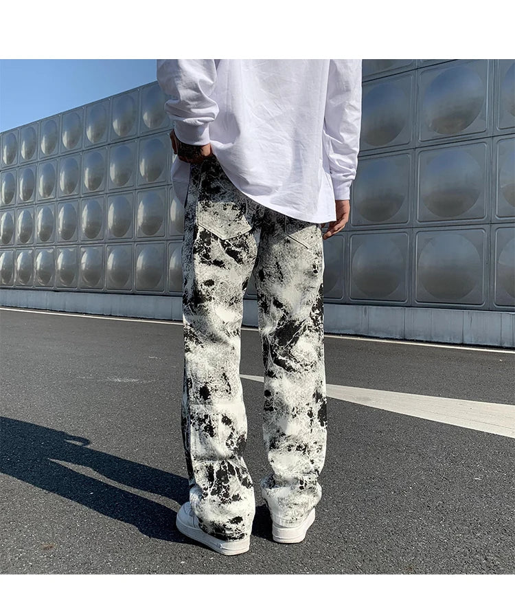 Nyomott farmernadrág Unisex rugalmas derekú tavaszi 2025 Férfi divatos koreai stílusú főutcai laza hip-hop nadrág