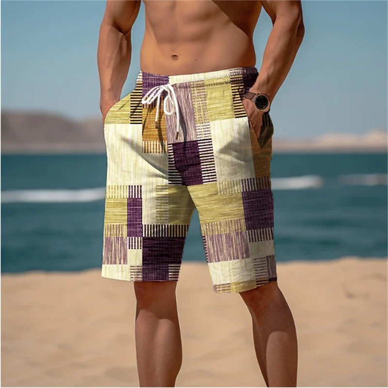 Vintage Patchwork Mintás Strandnadrág Férfiaknak Divatos Hétköznapi Nyári 3D Műszövet Nyomtatott Fürdőruhák Laza Utcai Rövid Nadrág