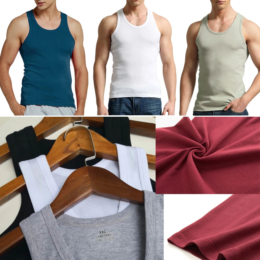 Férfi Tank Tops Fitness Hűvös Nyári 100% Pamut Ujjatlan Felsők Edzőterem Slim Alsóing  10 Szín 1DB