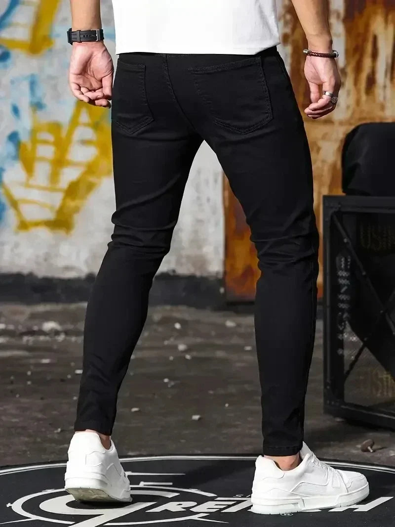 Férfi farmer, rugalmas, vékony, egyszínű, fekete, kék, tavaszi, luxus utcai, harajuku, hip-hop stílusú, nadrág, márka