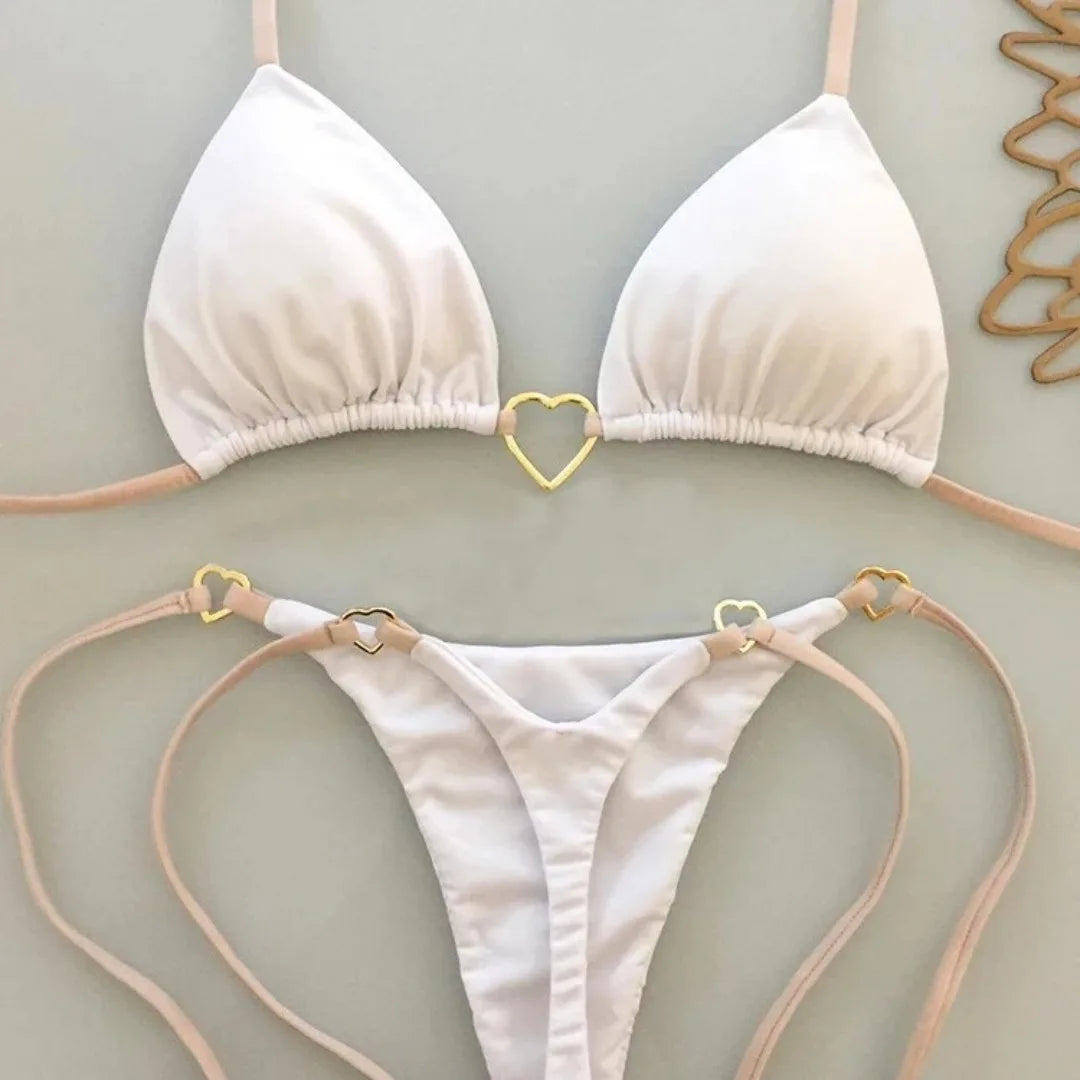 Új, egyszínű, fehér bikini női öltöny, alacsony derekú, fűzős, divatos, kétrészes fürdőruha szett