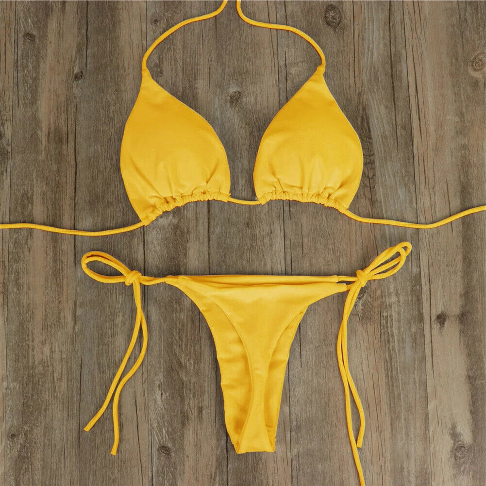 Női szexi tanga bikini szett oldalsó fürdőruha kötszer stílusú brazil fürdőruha osztott pántos állítható egyszínű női fürdőruha szett