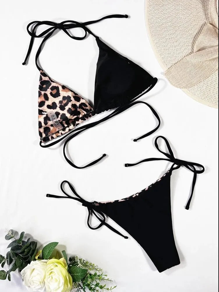 Női leopárdmintás kontrasztos bikini szett kényelmes színes fűzős fürdőruha tökéletes bikini strandra és úszásra