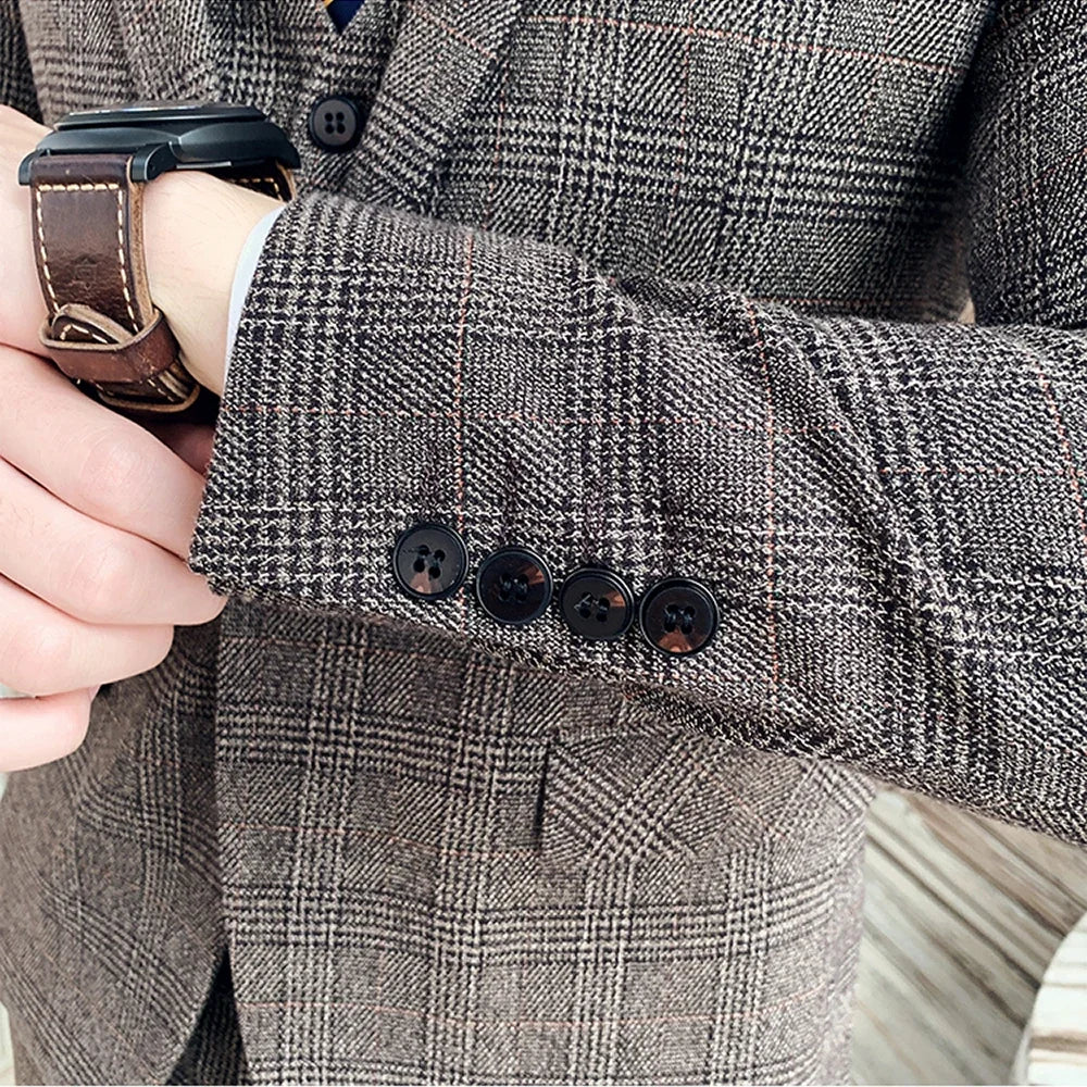 S-7XL (Zakett+Mellény+Nadrág) Divatos Butik Rácsos Formális Üzleti Férfi Öltöny 3 Részes Szett Vőlegényi Esküvői Ruha Kockás Öltöny Bemutató Színpadra