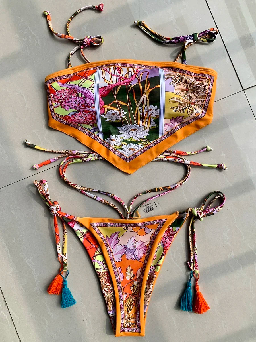 Nyomtatott Crop Top Bikini 2025 Női Bikinik Brazil Fürdőruha Női Fürdőruha Kétrészes Bikini Szett Magas Dekoltált Fürdőruha Úszás