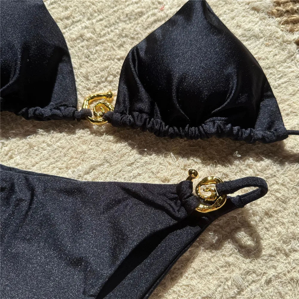 Egyszínű narancssárga fürdőruha fém gyűrűs zsinóros háromszög alakú mikro bikini tanga szexi fürdőruha nők 2026 fürdőruha bikiniszett