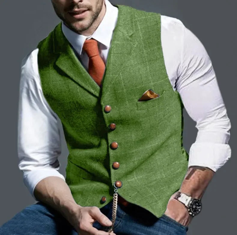 Férfi lezser klasszikus öltönymellény retró pamutkeverék tweed öltöny bélelt mellény S-3XL