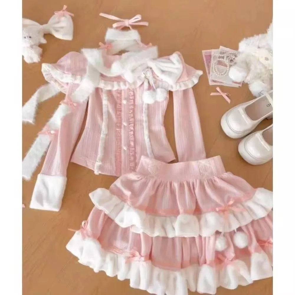 Japán Kawaii 3 darabos szett Lolita Y2k kardigán kabátok + mini szoknyák + fűző mellény amerikai vintage öltönyök őszi parti sikkes