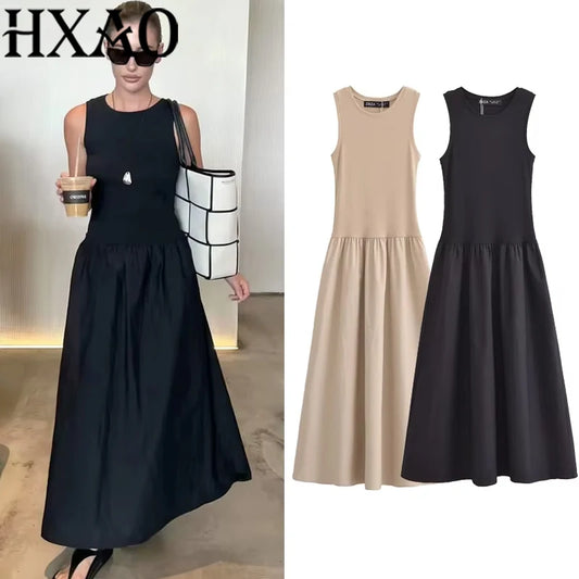 HXAO Női fekete hosszú ruhák 2025 tavaszi ujjatlan elegáns ruhák divatos hétköznapi vintage party khaki ruhák Vestidos