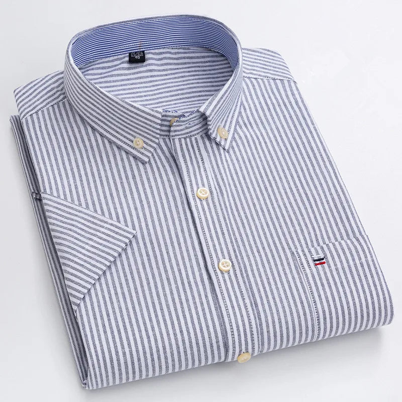 100% pamut férfi Oxford ing, rövid ujjú, nyári, kockás, csíkos, férfi ruházat, üzleti, normál szabású, túlméretezett ing, 7XL, 6XL